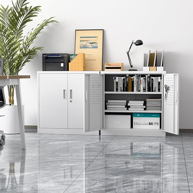 Aobabo 31.5" H Small Garage Storage Cabinet with Pegboard,Lockable File Storage Cabinet with 2 Adjustable Shelves for Garage, Office, School, Assembly Require, White