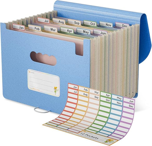 Accordion File Organizer, 12 Pockets Wheat Straw Expanding File Folder, Portable Monthly Paper Bill Tax Receipt Organizer, Letter A4 Size Document Holder,Green Office with Colorful Tab,UN Blue