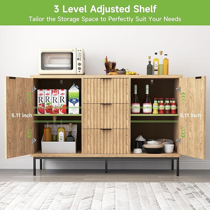 Real Relax Sideboard Buffet Cabinet with Storage, Modern Fluted Cabinet with 2 Doors 3 Drawers, Coffee Bar Accent Storage Credenza, for Kitchen, Living, Dinning Room, Oak