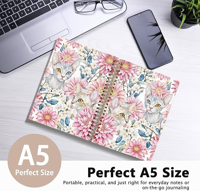 Sphynx Cat Notebook Journal, Cat Lover Gifts for Women Men, funny Black Cat Gifts for Girls, Pink Floral Cat Peel Spiral Notebook, Cat Notepad 5.5x8.3 Inch