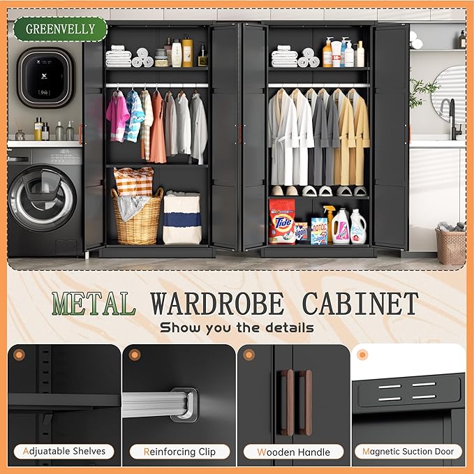 Greenvelly Metal Wardrobe Cabinet with Wooden Handle, 72" Black Metal Wardrobe Closet with Hanging Rods and Adjustable Shelves, Clothing Storage Closet Cabinet for Home, Office, Employee, Gym