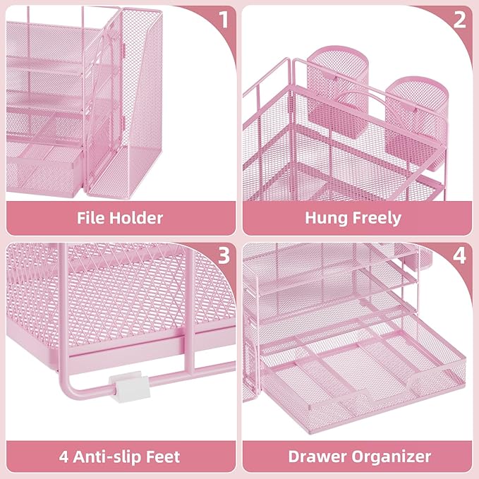 Marbrasse Desk Organizer and Accessories,4-Tier Paper Letter Tray Organizer with File Holder, Workspace Desk Organizers Accessories with Drawer and 2 Pen Holder (Pink, 15.4" x 9.1" x 8.3")