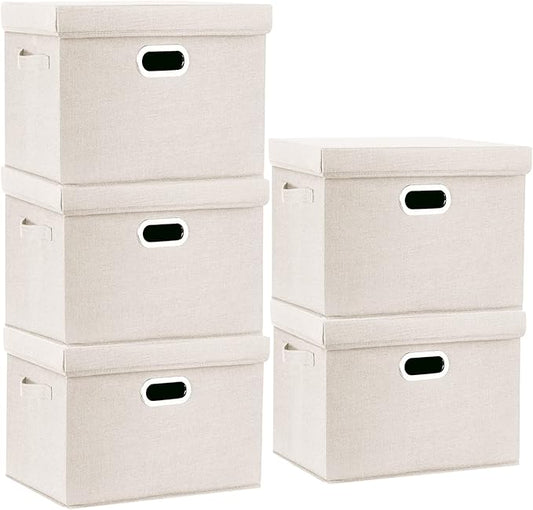 TYEERS Large Storage Bins with Lids, Collapsible, Washable, Fabric Storage Boxes for Organizing, 17.3x11.8x11.4 inches, 5 Pack, Beige