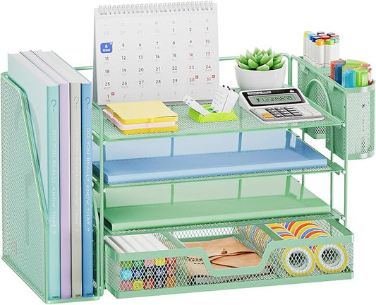 Marbrasse Desk Organizer and Accessories,4-Tier Paper Letter Tray Organizer with File Holder, Desk Accessories & Workspace Organizers with Drawer and 2 Pen Holder (Green, 15.4" x 9.1" x 8.3")