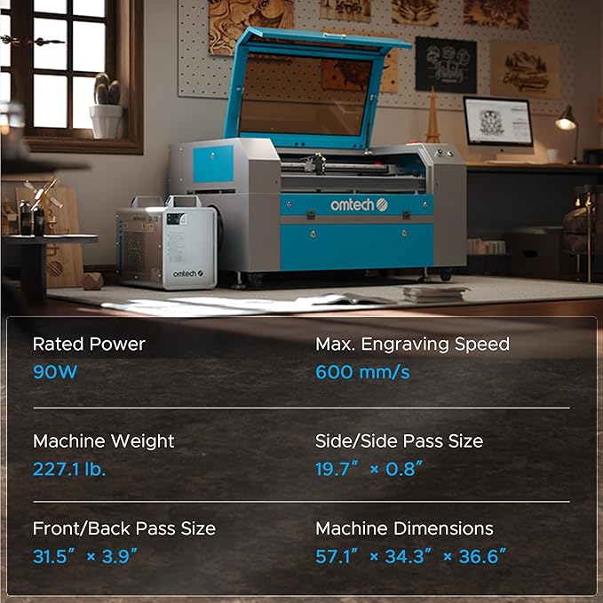 OMTech 90W CO2 Laser Engraver with LightBurn, 28"x20" Cutting & Engraving Machine with Air Assist, 4-Way Pass, Caster Wheels, RDWorks, for Wood, Glass, Acrylic & More
