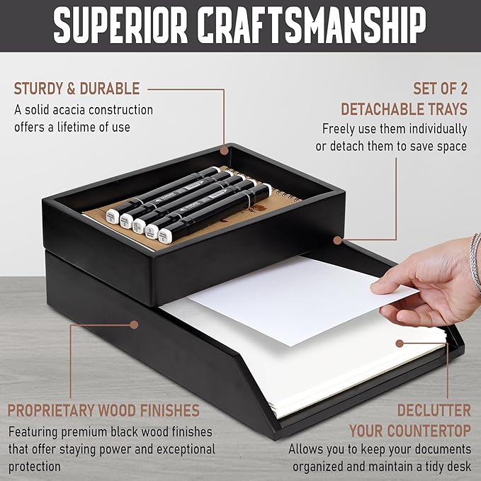 Demigo Desk Organizer Letter Tray Set of 2, Acacia Wood Tabletop Desktop for Storage Paper Letter Folders Notebooks Copy Print, Workspace Holder, Keep Stationery Saver (Black)