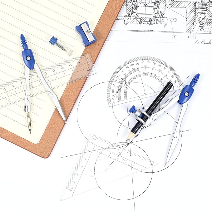 Math Geometry Kit Sets 10 Piece Student Supplies with Shatterproof Storage Box,Includes Rulers,Protractor,Compass,Eraser,Pencil Sharpener,Lead Refills,Pencil,for Drafting(Navy Blue)