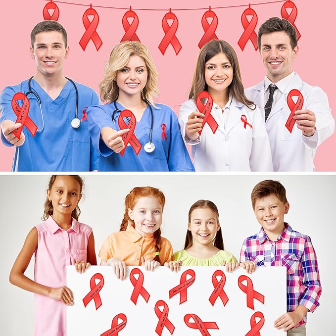 Kosiz 100 Pack Large Red Ribbon Awareness Set 100 Red Ribbon Week Cutouts Drug Free Heart Disease HIV Aids Awareness Items 2 Marker Pens 100 Wooden Clips with Rope for Public Charity Party Supplies