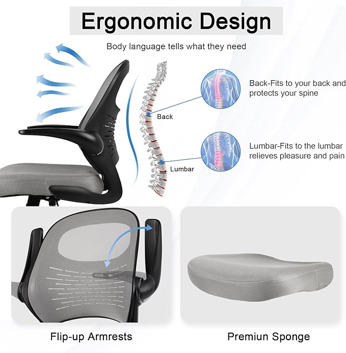 HYLONE Tall Drafting Chair Standing Desk Chair with Flip-Up Armrests, Adjustable Height Ergonomic Office Chair with Footrest Ring - High Stool Chair for Standing Desk(Grey)