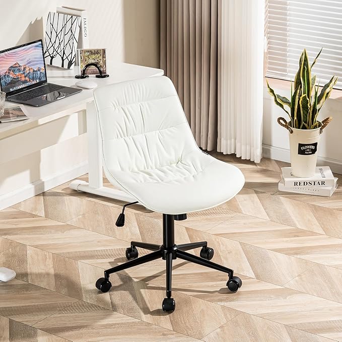 Kidol & Shellder Faux Leather Office Chair, Adjustable Swivel Height Task Chair, Rolling Wheels & Soft Backrest - Armless Ergonomic Desk Chair for Home, Office,Vanity,Gaming(White)
