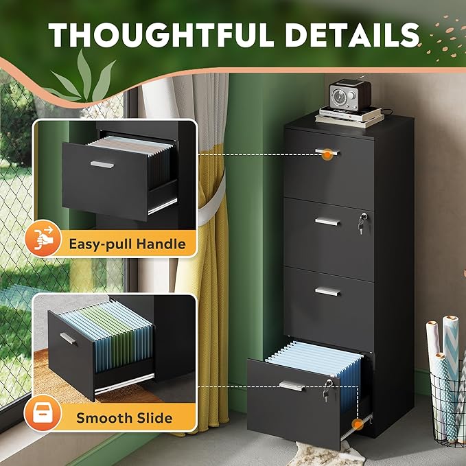 DEVAISE 4 Drawer File Cabinet with Lock, Vertical Filing Cabinet for A4/Letter Size Files, Wood Storage Organizer for Home Office, Black