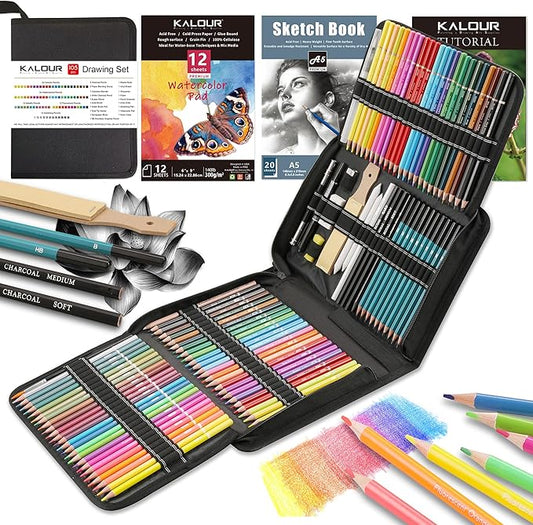 KALOUR 106 Coloring Sketching Kit Set - Art Supplies with Sketchbook & Watercolor Paper - Include Drawing Tutorial, Watercolor,Colored,Metallic,Fluorescent,Sketch Pencils - for Artists beginner