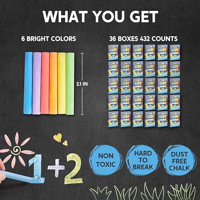 JOYIN 432 Counts Mini Chalk Set for Kids, Non-Toxic Mini Chalk for Boys Girls 3+, School Supplies for Teachers, Goody Bag Fillers, Classroom Prizes Gifts (36 Boxes)