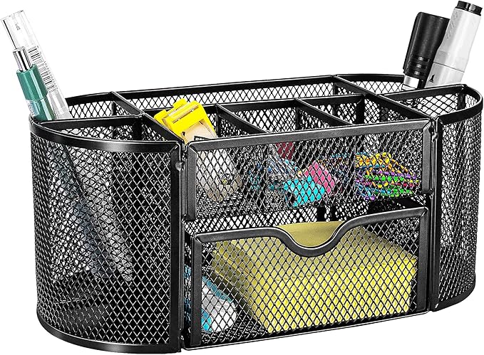 Amazon Basics Pen Holder and Desk Organizer, Office Caddy Storage, Black, 9.25" x 4.53" x 3.94"