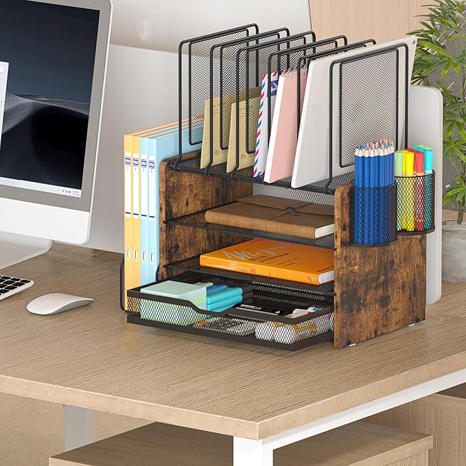 Piskyet Desk Organizer and Accessories, Wooden Desk File Organizer with Drawer,5 Vertical File Holders and 2 Pen Holders,Fancy Desktop Storage for Home Office