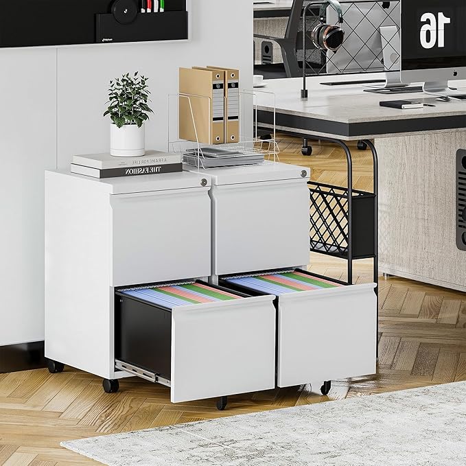 2 Drawer Mobile File Cabinet with Lock Steel Small Rolling File Cabinet Legal/Letter/A4 Size Under Desk Metal Filing Cabinet for Home Office Vertical Filing Cabinet Printer Stand Fully Assembled