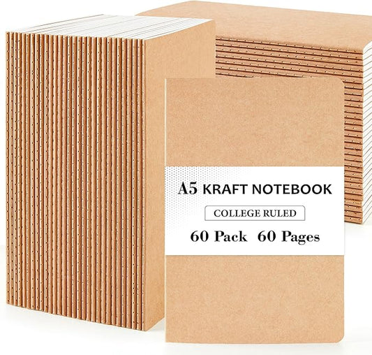 feela 60 Pack Kraft Notebooks Bulk, Lined Travel Journals Note Pad Notebooks for Men Women Girls Students, Making Plans Writing Memos Office School Supplies, A5, 60 Pages, 8.3” X 5.5”