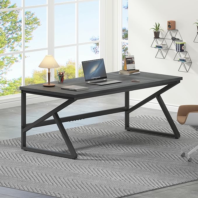 HSH Extra Long Computer Desk, Industrial Metal Wood Home Office Desk, Large PC Laptop Table for 2 Person Executive Writing Work Study Gaming, Bedroom Living Room Dual Monitor Desk, Dark Gray, 70 Inch
