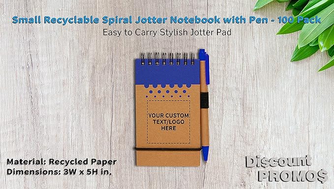 DISCOUNT PROMOS 100 Recyclable Spiral Small Notebooks Pack - Customizable Text, Logo - 60 Lined Pages - Blue