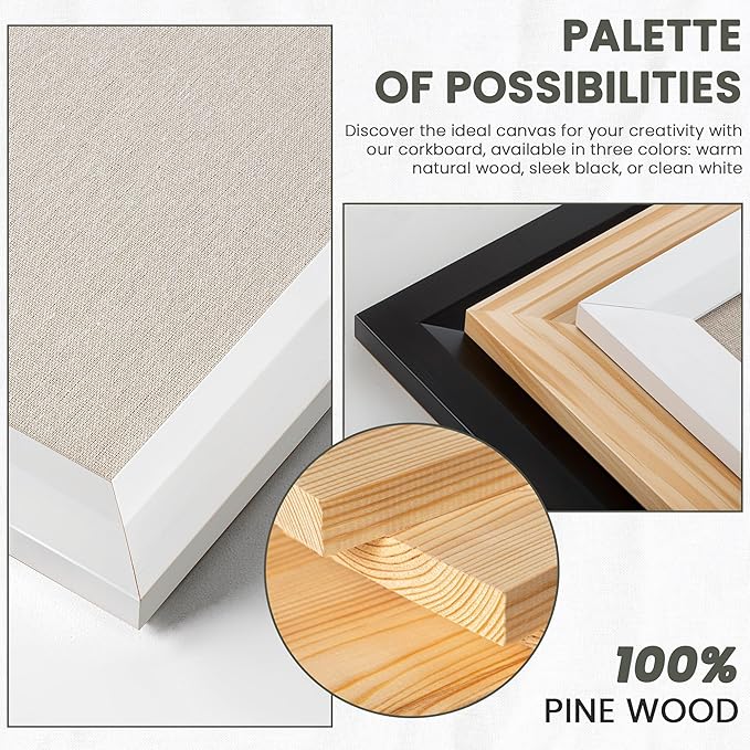 Bulletin Board Cork Board with Linen, 100% Wood Framed 18" x 24" Bulletin Board Decorations, Pin Boards for Walls, Wall Mounted Fabric Picture Board with 10 Pushpins for School, Home & Office, White