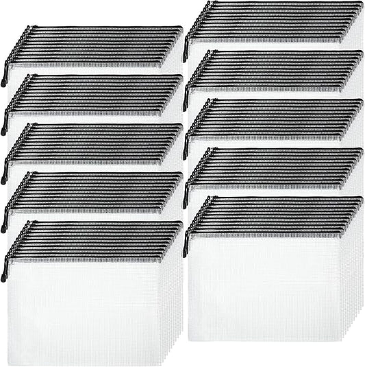 200 Pcs A4 Mesh Zipper Pouch Bulk Waterproof Mesh Zipper Organizer Plastic File Folder Case for School Office Supplies Document Board Games Puzzle(Black)