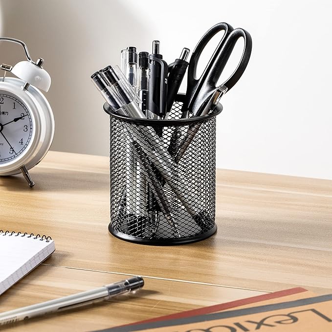 Amazon Basics Wire Mesh Pen Cup, Office Caddy Storage, Black, 3.7" x 3.3"