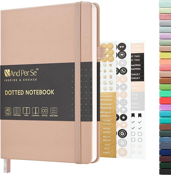 &And Per Se Dotted Journal Notebook, A5 Hardcover Leather Bullet Dotted Journal, 160 Pages 100 gsm Thick Dotted Paper,3 Sheets of Stickers Included - 5.7'' x 8''(Apricot)
