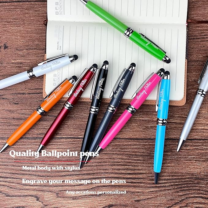 Ancolo Custom Personal Office Pens with Stylus Tip - Quality pens Fine point -Engraved Team Name, Phone Number, Slogan Perfect for Bank, Office, Hotel Lobbies 10 Pens/Box