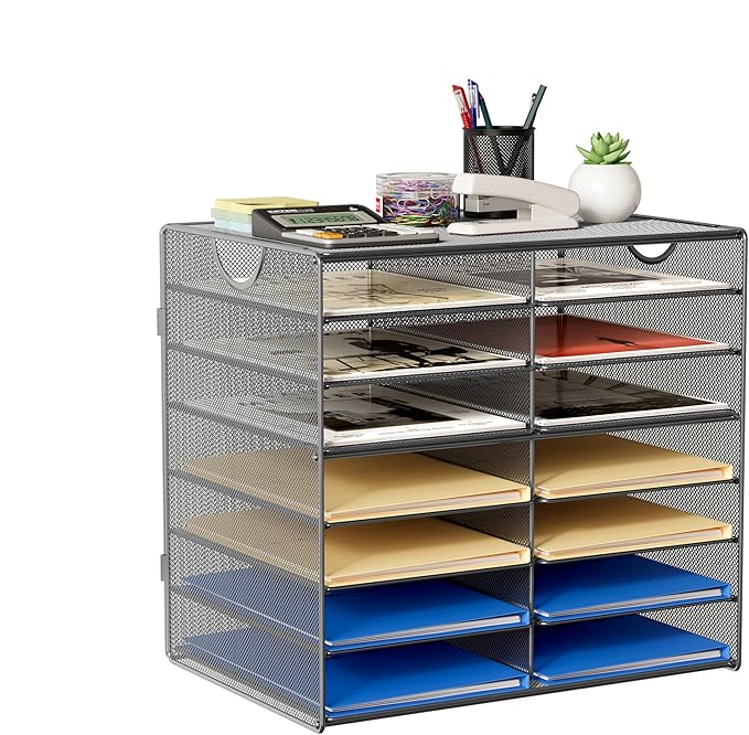 EasyPAG 14-Slot Mesh Desk File Organizer with Handle, Metal Frame Paper Tray for Classroom/Office/Home - Easy Assembly, Durable Tiered Sorter & A4/Letter Size, Silver