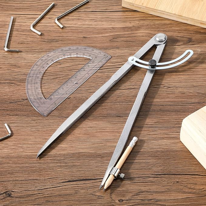 Zonon Professional 12 Inch Large Compass with Wing for Woodworking and 6 Inch Protractor Set, Pencil Compass for Geometry Math Carpenter, Drafting, Drawing Tool