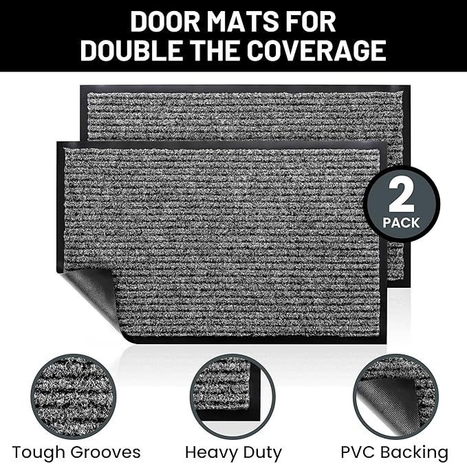 Sierra Concepts Front Door Mat Welcome Mats 2-Pack - Indoor Outdoor Entryway Mats for Shoe Scraper, Ideal for Inside Outside Home High Traffic Area, Battleship Gray 30 Inch x 17 Inch