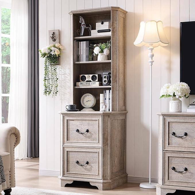 T4TREAM 6-Tier Bookcase with 2 File Drawers, 72" Tall Farmhouse Bookshelf with Storage & Adjustable Shelves, Wooden Floor Standing Display Book Shelf Organizer for Home Office, Light Rustic Oak