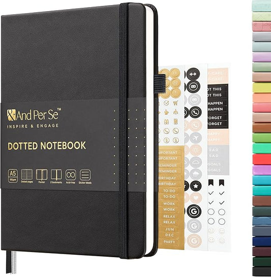 &And Per Se Dotted Journal Notebook, A5 Hardcover Leather Bullet Dotted Journal, 160 Pages 100 gsm Thick Dotted Paper,3 Sheets of Stickers Included (Black)