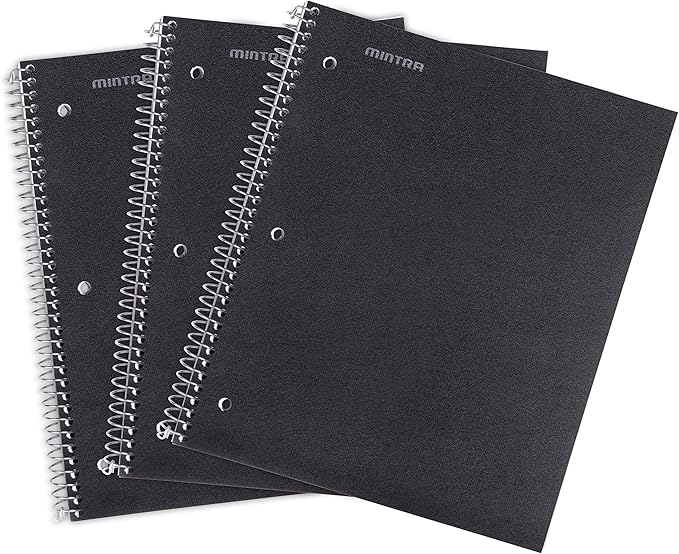 Mintra Office Durable Spiral Notebooks, 1 Subject, (Black, College Ruled 3 Pack), 100 Sheets, Poly Pocket, Moisture Resistant Cover, Strong Chipboard back, For School, Office, Business,