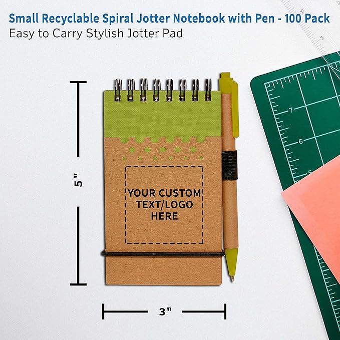 DISCOUNT PROMOS 100 Recyclable Spiral Small Notebooks Pack - Customizable Text, Logo - 60 Lined Pages - Lime Green