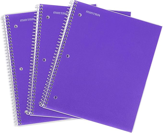 Mintra Office Durable Spiral Notebooks, 1 Subject, (Purple, Wide Ruled 3 Pack), 100 Sheets, Poly Pocket, Moisture Resistant Cover, Strong Chipboard back, For School, Office, Business,