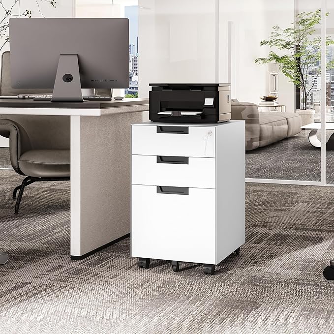 3 Drawer Vertical File Cabinets, Mobile Filling Cabinet with Lock for Legal/Letter Size, Pre-Built Office Storage File Cabinet with Wheels Under Desk - Fully Assembled