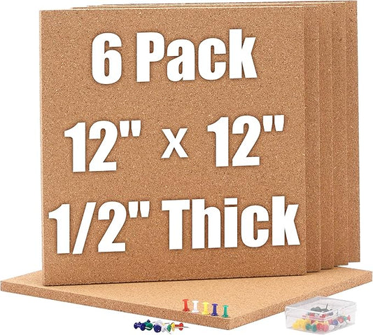 SUNGIFT Cork Boards for Walls - 12" x 12" Corkboard Squares, 1/2" Thick Cork Board Tiles, 6 Pack Wall Bulletin Board with 50 Push Pins for Office, Home Decor