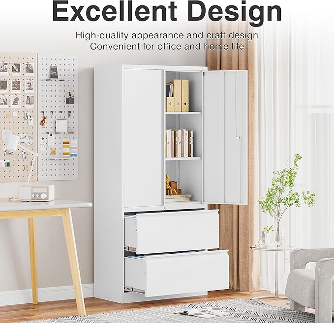 SISESOL 2 Drawer Lateral File Cabinet with Lock and Shelf,71" White Filing Storage Cabinet with Doors,Locking Metal Storage Cabinets with Drawers for Home,Office,Garage,School,Fit A4/Letter/Legal File