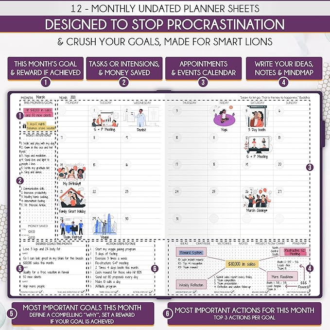 Life Planner - Undated Daily, Weekly & Monthly Planner with Budget Section | A 12 Month Journey to Increase Productivity & Happiness | Life Organizer & Gratitude Journal - Horizontal Format