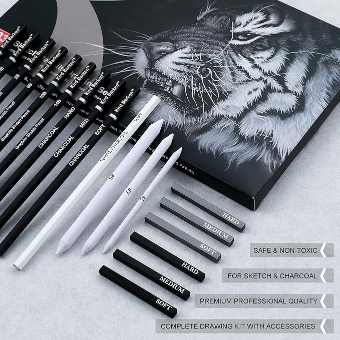33 Piece Sketching Pencil Set - 5H to 14B Pencils, Charcoal Pencils, Charcoal Sticks,Graphite Sticks,Painting tools – drawing pencil set for Beginners, Artists, Students, Kids