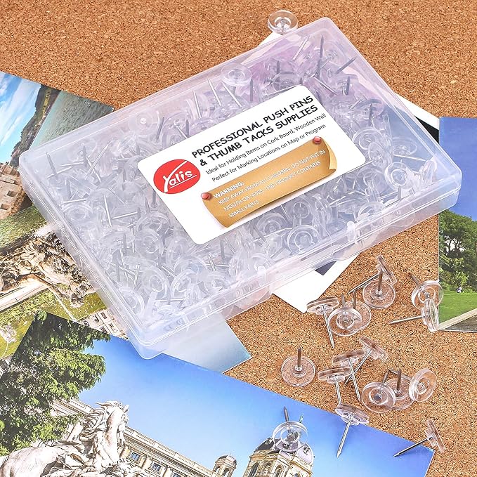 Push Pins 200-count Flat Clear Thumb Tacks Steel Point and Plastic Head for Corkboard and Wooden Photo Wall