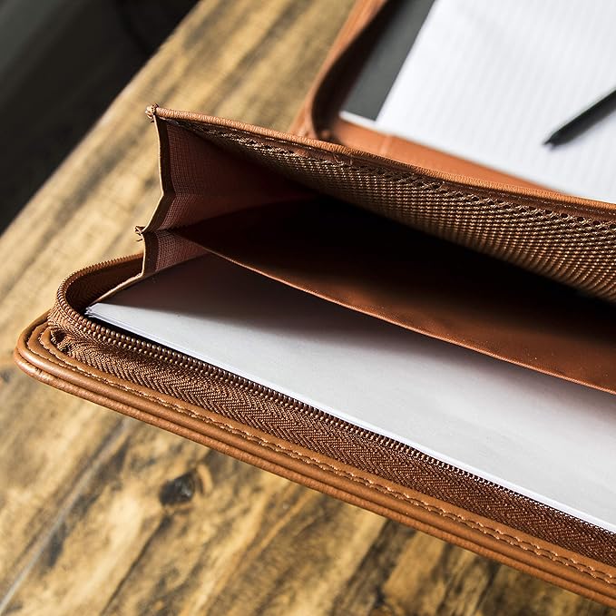 Cossini Premium Business Portfolio with Zipper – Padfolio - Superior Business Impressions Begin with PU Vegan Leather, 10.1 Inch Tablet Sleeve, Smart Storage, Solar Calculator, Writing Pad - Tan