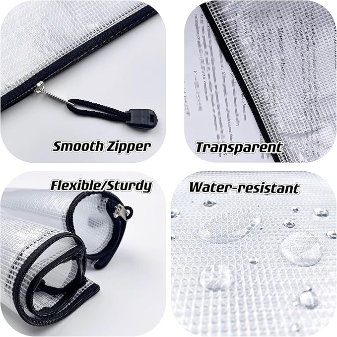 Oaimyy-B5(7"x 11",12 Pcs) Plastic Mesh Zipper Pouch Document Folders Bag & Zip File Folders for School Office Supplies, Travel,Puzzles Games Organizing Storage-Black