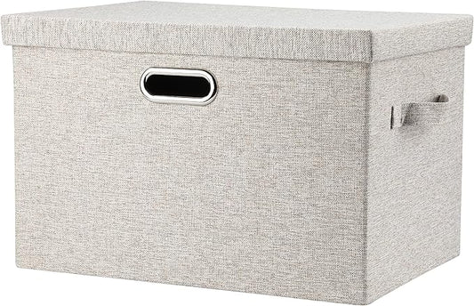 Large 17 36 Quart Collapsible Stackable Storage Bins with Lids, 1 Pack Beige Foldable Fabric Closet Storage Boxes with Lids, 4 Handles Toy Heavyduty Dark Gray Linen Storage Cube Box