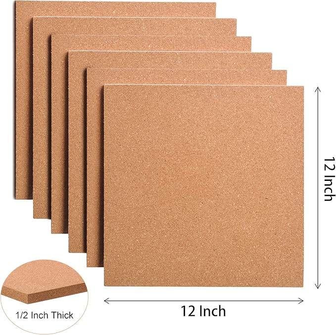 SUNGIFT Cork Board 12"x12" - 1/2" Thick Square Bulletin Boards 12 Pack Cork Tiles with 100 PCS Push Pins Mini Wall Self-Adhesive Corkboards Tiles for Wall