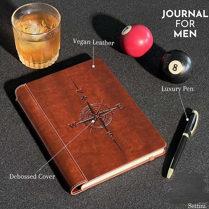 SETTINI® Lined Journal - Compass Journal for Writing Gift Set - Hardcover Vegan Leather, Includes Luxury Pen in a Unique Pen Holder, 192 Pages, 6 x 8.5 inches, Birthday Gift