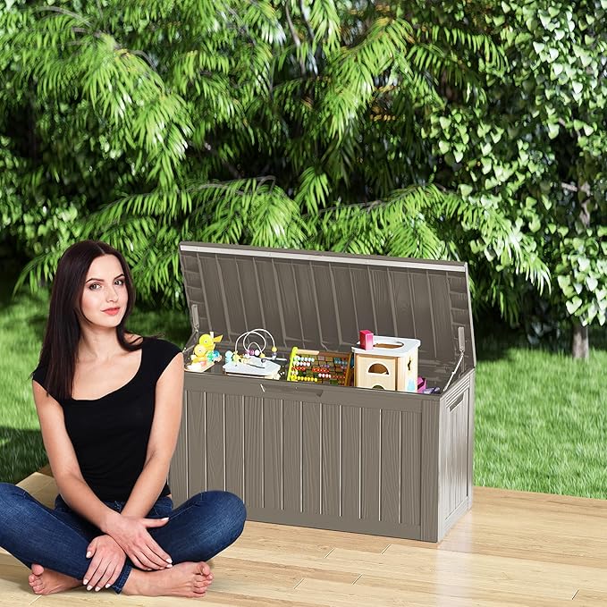 80 Gallon Outdoor Storage Box Waterproof Lockable Resin Deck Box Large, Patio Storage Bin for Pool Accessories Cushion Furniture, Garden Tools, UV-Resistant Outside Delivery Grey