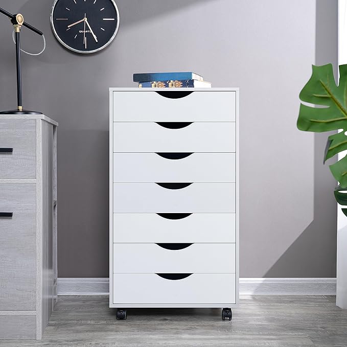 Naomi Home 7 Drawer Office Storage File Cabinet,Under Desk Cabinets for Home Office,Organization Filing Cabinet with Wheels,Printer Stand Storage,180 lbs Capacity – White(11272AM)