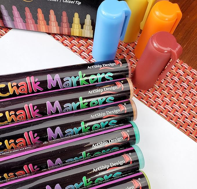 ArtShip Design 14 Vintage Colors Chalk Markers - Reversible Medium Tip Liquid Chalk Pens Wet Erasable - Menu Boards, Glass, Windows, Whiteboards, Classrooms, Mirrors, Chalkboards, Plastic, Metal